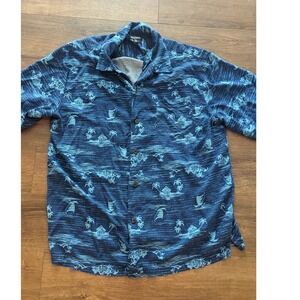 George Mens L 42-44 Blue Island Print Short Sleeve Button Up Casual Shirt